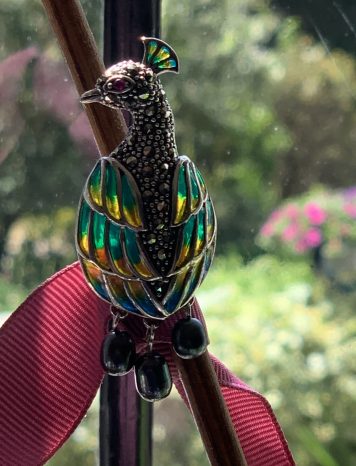 Plique a Jour Enamel and Black Pearl Peacock Pendant Brooch