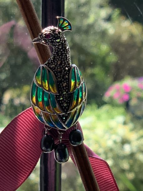 Plique a Jour Enamel and Black Pearl Peacock Pendant Brooch