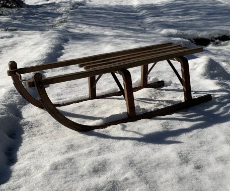 A Vintage Wooden Sleigh with Metal Edged Runners and Bar - Image 3
