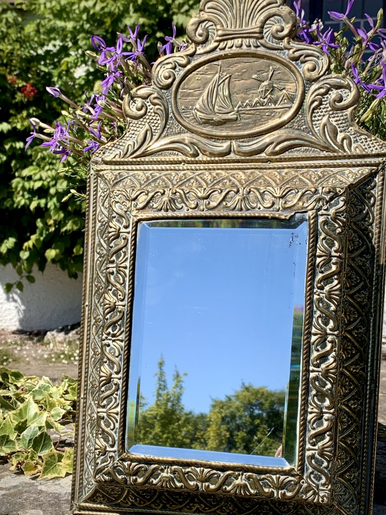 Antique Embossed Dutch Brass Cushion Mirror with Ornate Brushes La