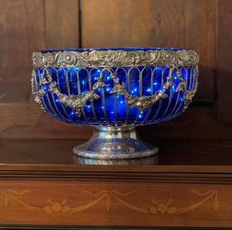 Large Silver Plated Glass Pedestal/Punch Bowl with Blue Liner - Image 5