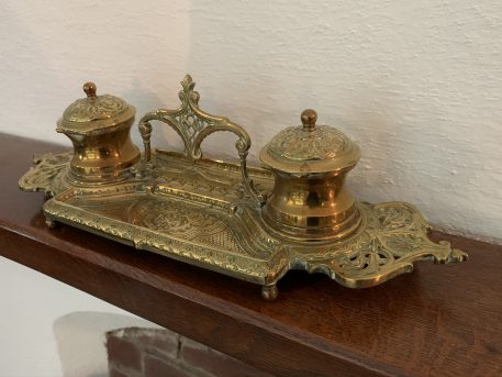 A Brass Inkstand with Double Covered Fixed Ink Wells - Image 6