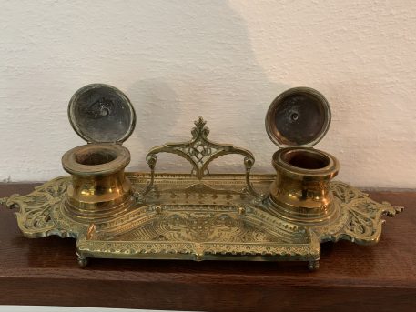 A Brass Inkstand with Double Covered Fixed Ink Wells - Image 8
