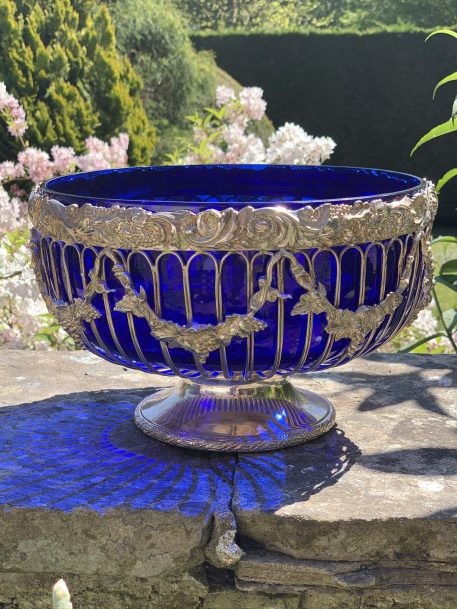 Large Silver Plated Glass Pedestal/Punch Bowl with Blue Liner - Image 3