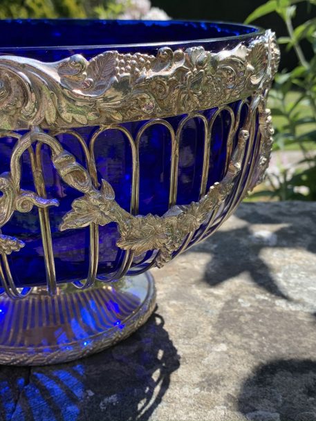Large Silver Plated Glass Pedestal/Punch Bowl with Blue Liner - Image 8