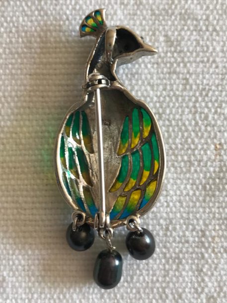 Plique a Jour Enamel and Black Pearl Peacock Pendant Brooch - Image 4