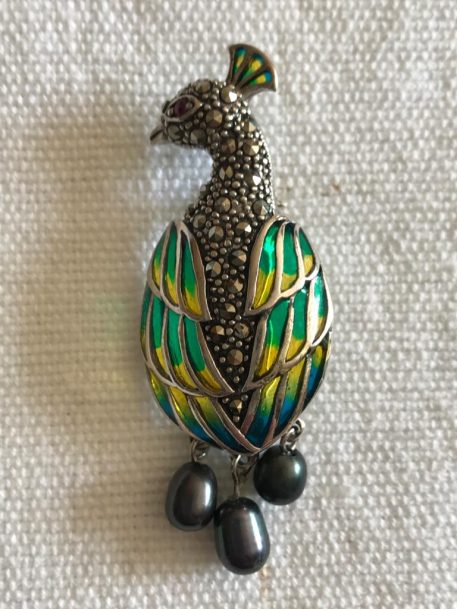 Plique a Jour Enamel and Black Pearl Peacock Pendant Brooch - Image 2