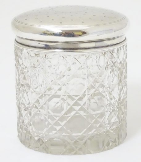 Cut Glass Vanity Jar with Silver Lid hallmarked 1915 by S Blanckensee & Son Ltd