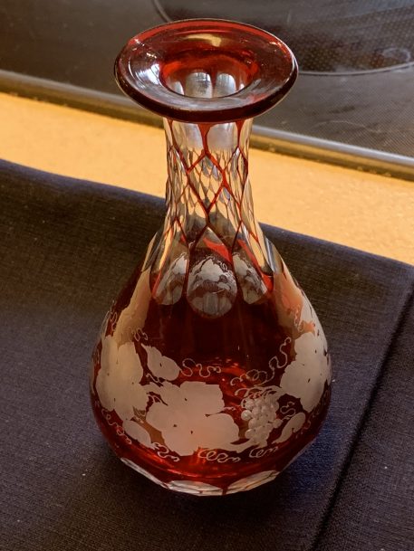 A Bohemian Red Glass Carafe With Grape Leaf Design - Image 4