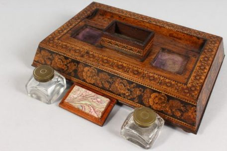 A Tunbridge Ware Marquetry and Parquetry Two Bottle Inkstand in Good Condition - Image 11