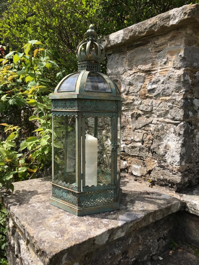 220 - large green metal ornamental free standing, hexagonal lantern - Side View