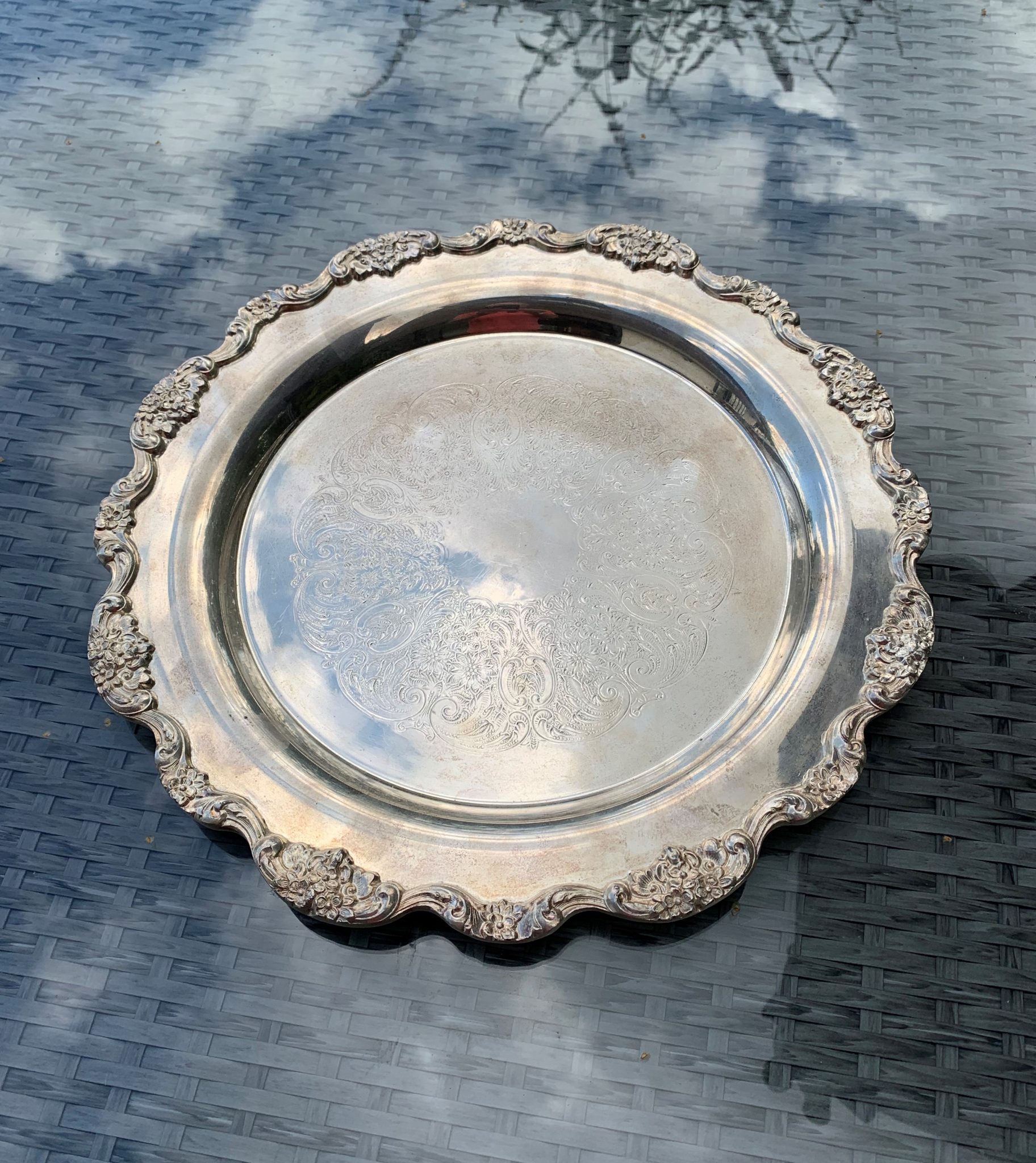 A Large Vintage Towle Silverplated Serving Tray With A Floral Boulder