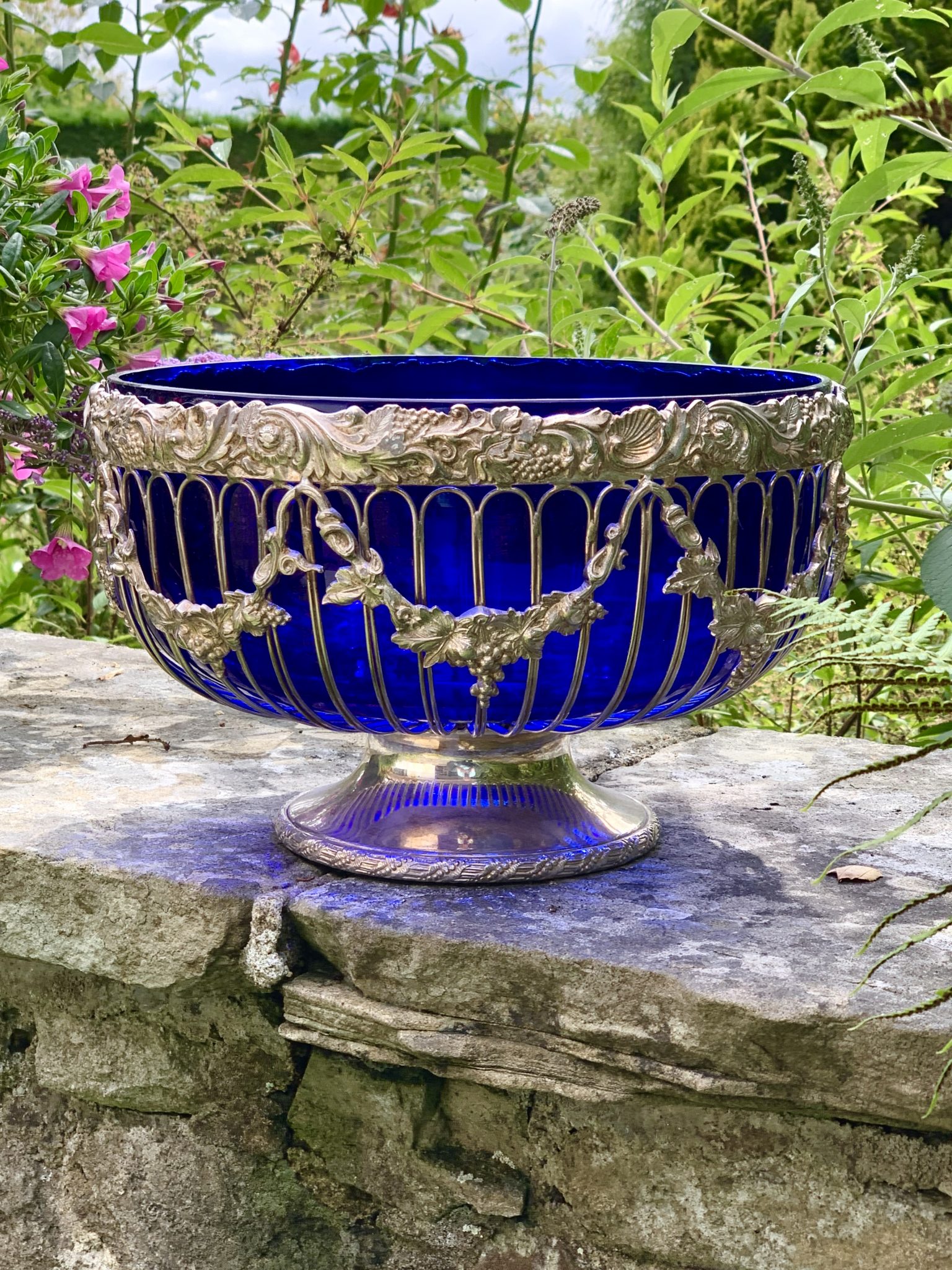 Large Silver Plated Glass Pedestal/Punch Bowl with Blue Liner La