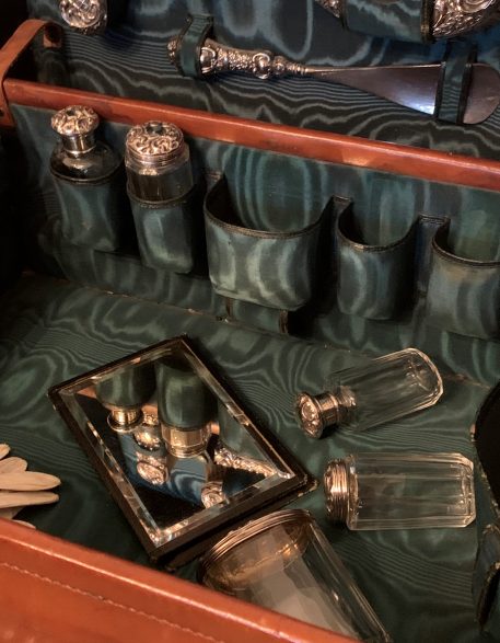 Tan Leather Travelling Vanity Case with Green silk lined fitted interior and Silver Accoutrements - Image 10