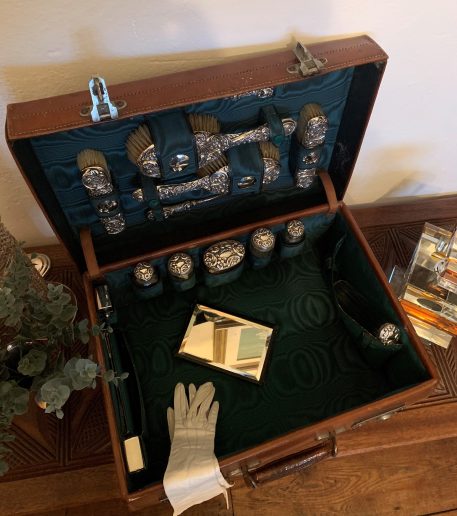 Tan Leather Travelling Vanity Case with Green silk lined fitted interior and Silver Accoutrements - Image 6