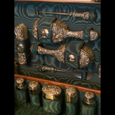 Tan Leather Travelling Vanity Case with Green silk lined fitted interior and Silver Accoutrements - Image 4