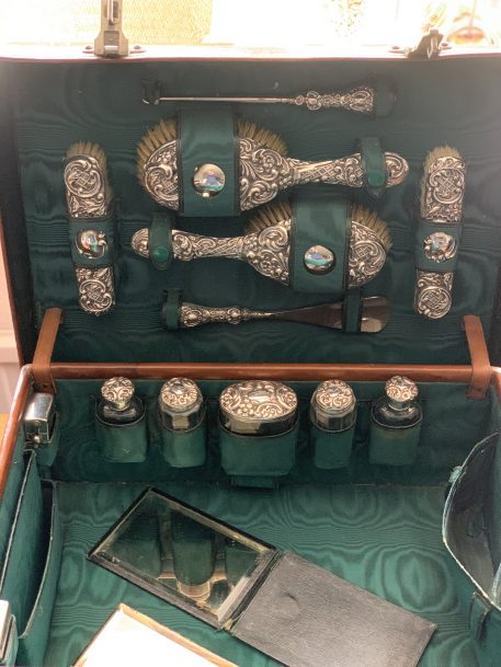 Tan Leather Travelling Vanity Case with Green silk lined fitted interior and Silver Accoutrements - Image 8