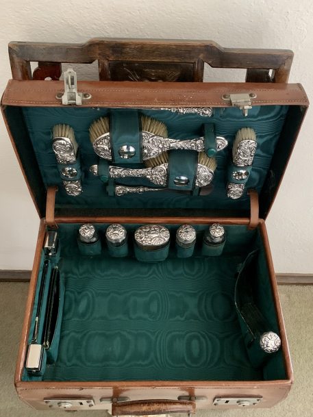 Tan Leather Travelling Vanity Case with Green silk lined fitted interior and Silver Accoutrements - Image 13