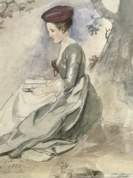19th Century English School portrait of a Lady seated under a tree reading a book, 1853