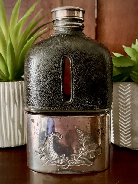 Antique Leather Bound Hip Flask Silver Plated - Image 3