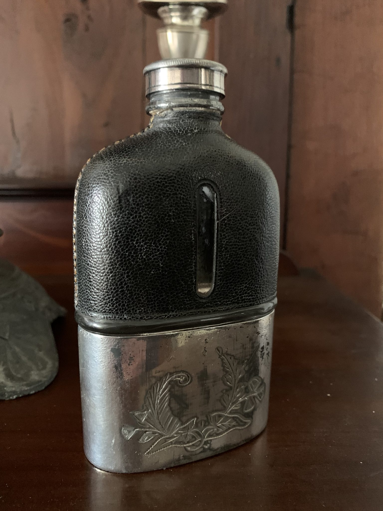 Antique Leather Bound Hip Flask Silver Plated La BelleGray
