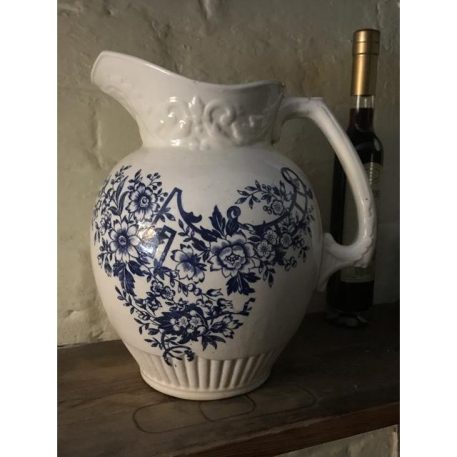 A Vintage Blue & White Porcelain Pitcher with floral decorations - Image 4
