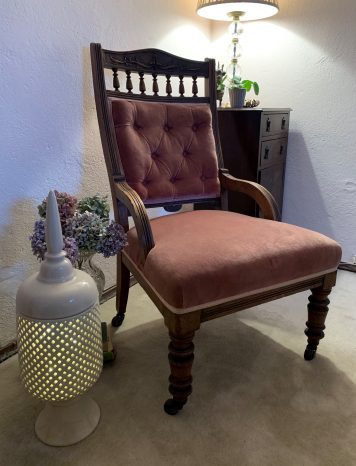 A Charming Victorian Oak Framed and Upholstered Arm Chair