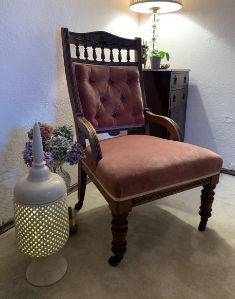 A Charming Victorian Oak Framed and Upholstered Arm Chair
