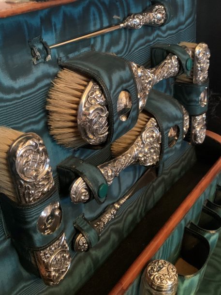 Tan Leather Travelling Vanity Case with Green silk lined fitted interior and Silver Accoutrements - Image 2
