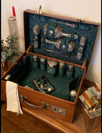 Tan Leather Travelling Vanity Case with Green silk lined fitted interior and Silver Accoutrements