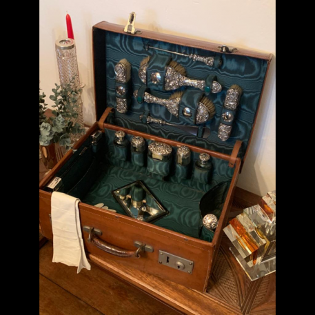 Tan Leather Travelling Vanity Case with Green silk lined fitted interior and Silver Accoutrements