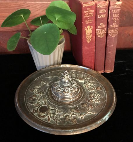 Unusual Embossed Brass Inkwell