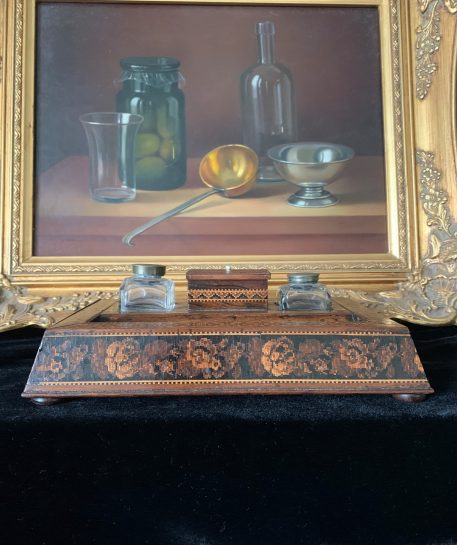 A Tunbridge Ware Marquetry and Parquetry Two Bottle Inkstand in Good Condition