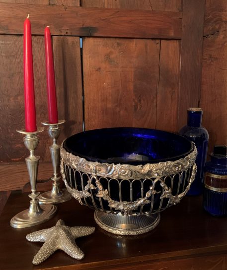 Large Silver Plated Glass Pedestal/Punch Bowl with Blue Liner - Image 7