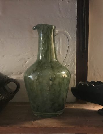 An Unusual Handblown Green Glass Jug with Clear Scroll Handle - SOLD!