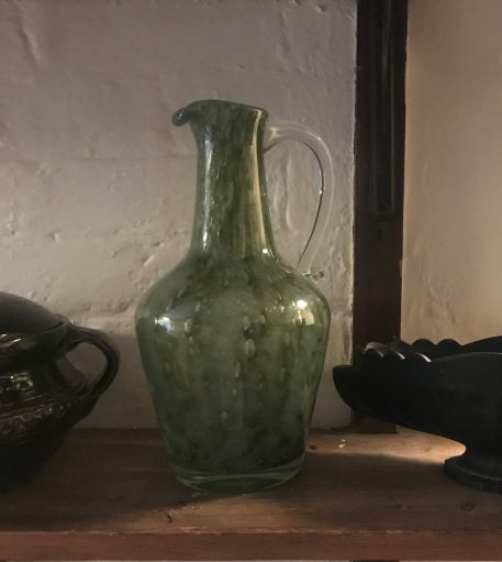 An Unusual Handblown Green Glass Jug with Clear Scroll Handle - SOLD!