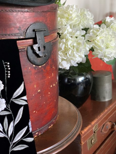 Chinese Red Lacquer Bamboo and Leather Hat box with fitted lid. - Image 3