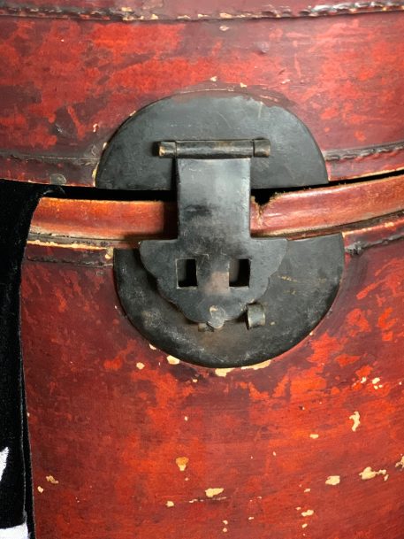 Chinese Red Lacquer Bamboo and Leather Hat box with fitted lid. - Image 2